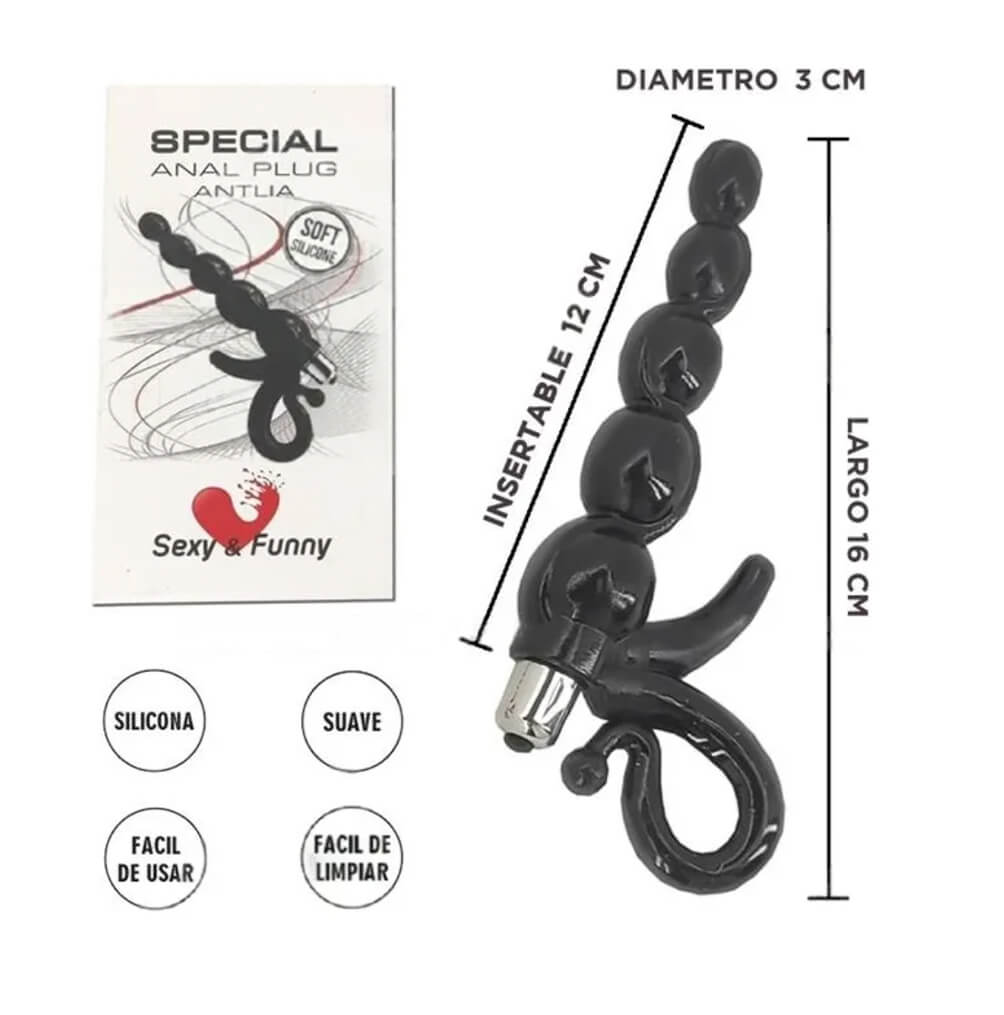 Dilatador anal con vibrador de silicona suave con esferas, aros extractores y medidas de 16 cm de largo